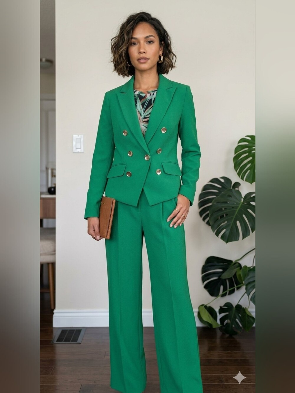 Bar III Green Chili  Double-Breasted Pantsuit with Tropical Print Top Coord. Set